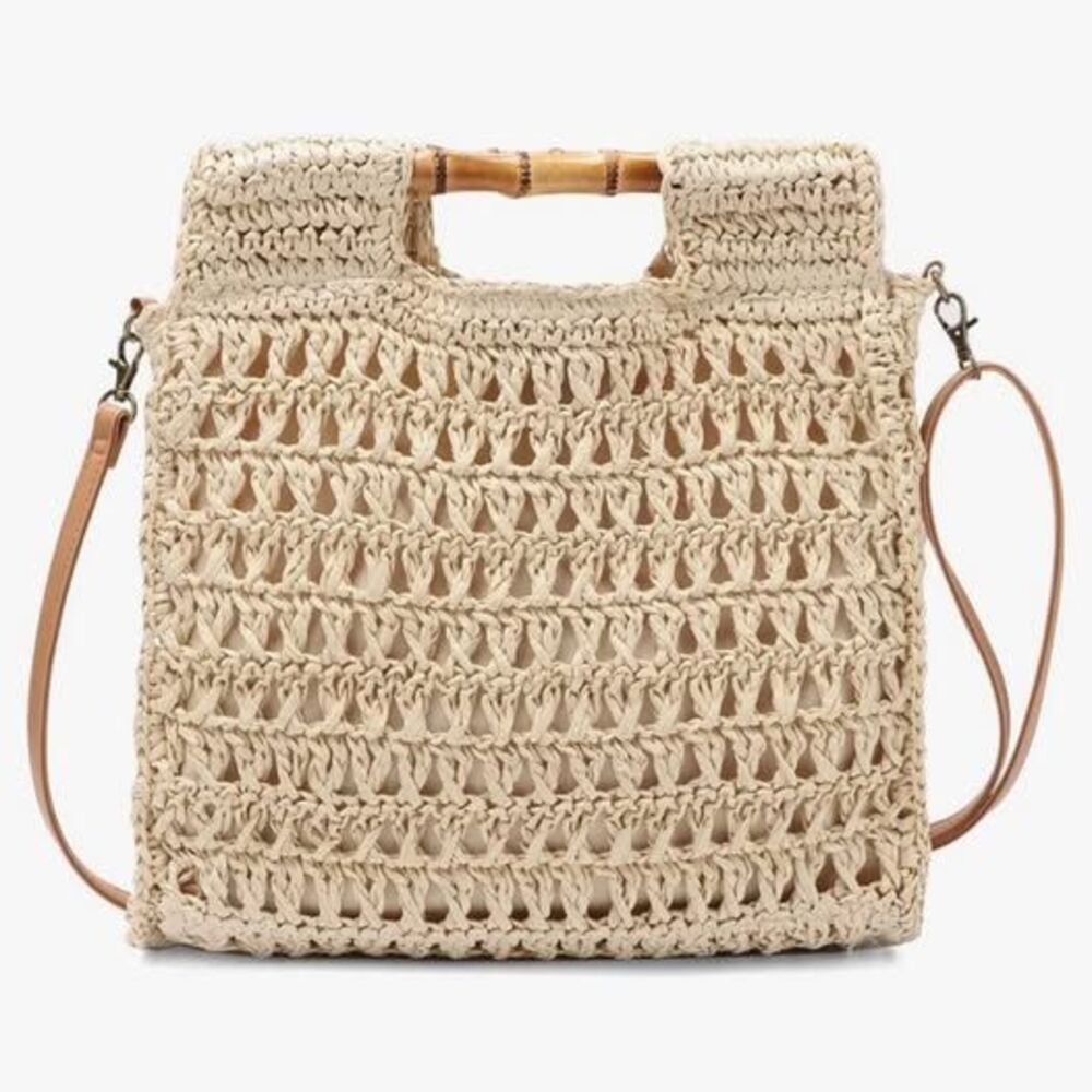Straw Beach Tote Bag with Bamboo Top Handle